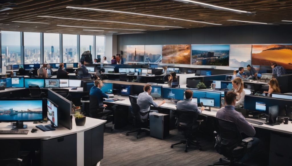 Cisco medewerkers werken samen in een hoogtechnologisch kantoor.